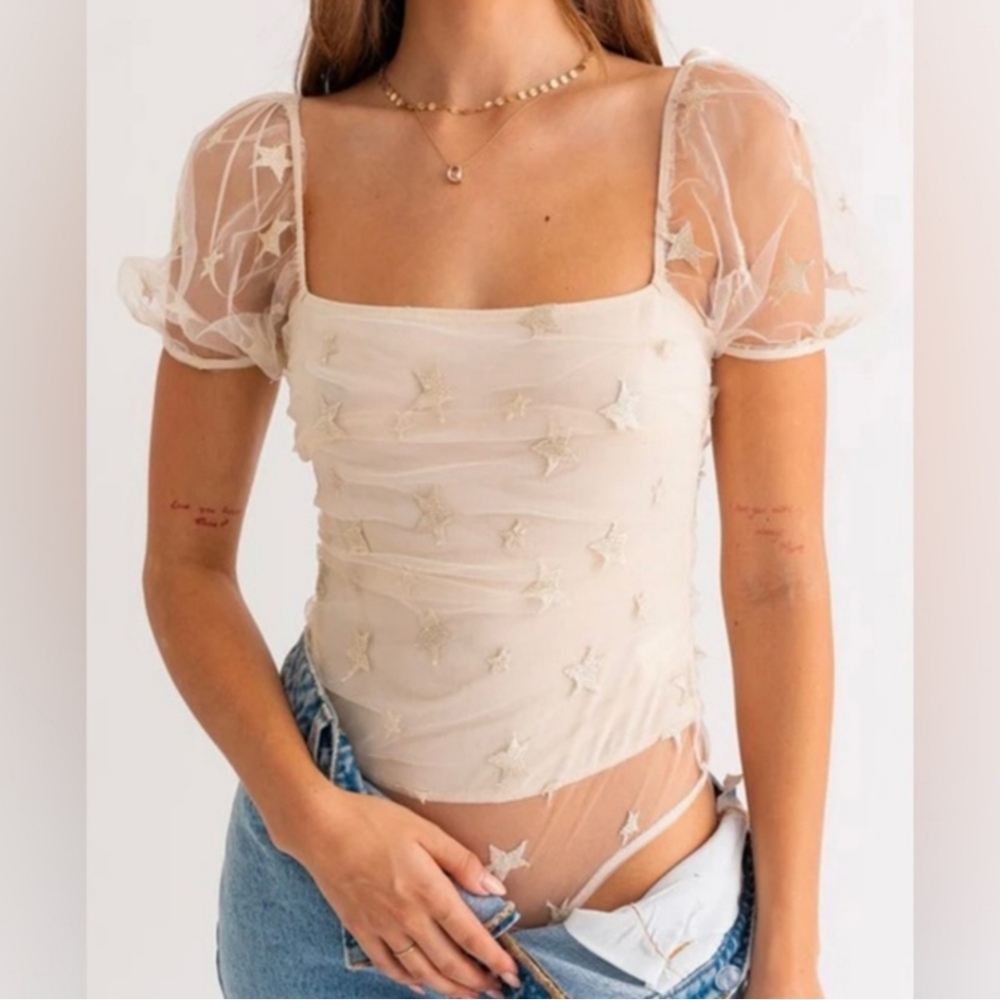 Le Lis In the Stars Embroidered Sheer Bodysuit